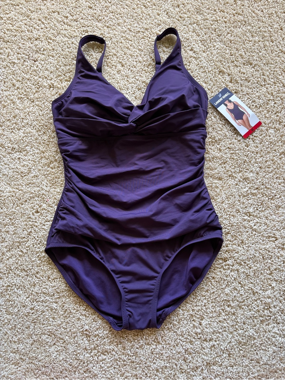 Lands’ End Slender Twist Front One Piece Swimsuit Dark Purple Medium NWT UPF 50